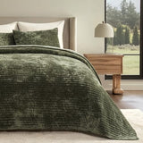 EVERGRACE Velvet Quilt Set King Size, Luxurious Soft Striped Channel Bedding Set, Lightweight Velvet Comforter for All Season, Oversized Bedspread Coverlet with 2 Matching Shams, Olive Green EVERGRACE