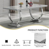 Goujxcy 7 Piece Marble Dining Table Set for 6, Luxury 70" White Marble Silver Kitchen Table with 6 Grey Velvet Upholstered Chairs, Modern 6 Person Dining Room Table Set for Kicken Dining Office Room Goujxcy