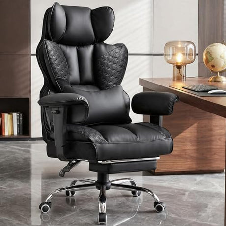 GTPOFFICE Big and Tall Office Chair 400LBS Wide Seat Computer Gaming Chair with Footrest & Comfy Lumbar Support, Leather High Back Executive Chair with Ergonomic Pressure Relief Seat Cushion, Black GTPOFFICE