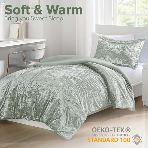 Comfort Spaces Luxe Velvet Comforter Set for Twin Size Bed, Microfiber Reverse, Juliette, All Season Bedding, Fluffy Bed Set, Sham, Sage Green 2 Piece Comfort Spaces
