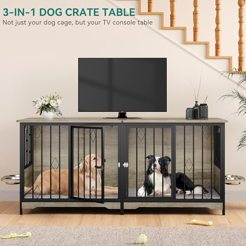 YITAHOME 71" Double Dog Crate Furniture with Divider, Wooden Large Dog Kennel with Flip-Top&4 Rotatable Bowls&2 Cushions, Dog Crate Furniture TV Stand for Medium Large Dogs, Grey YITAHOME