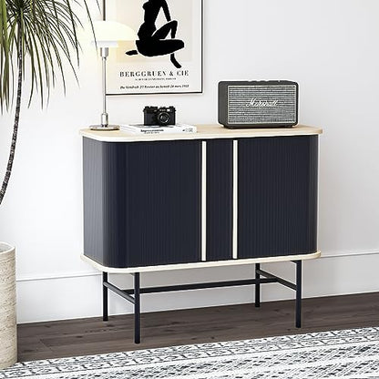 roomfitters Sideboard Buffet Cabinet with Sliding Doors, Mid Century Modern Credenza with 2 Tambour Doors, Minimalist Accent Storage Cabinet for Living Room, Media Console with Storage, Black - WoodArtSupply