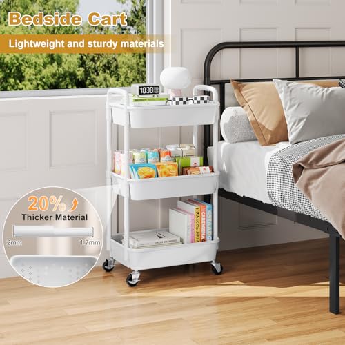 3 Tier Rolling Cart with Wheels, White Plastic Three Tiered Roller Shelf Cart on Lockable Wheels, Small Utility Storage Organzier Carts for Craft, Art, Baby Diaper Caddy, Snack, Dorm, Kitchen,Bathroom