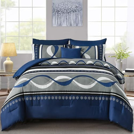 Anibedding Comforter Set King Size,8 Pieces Navy Blue Boho Bed in a Bag Patchwork Striped Comforter Set, Soft Microfiber Bedding Set for All Season(104"×90") Anibedding