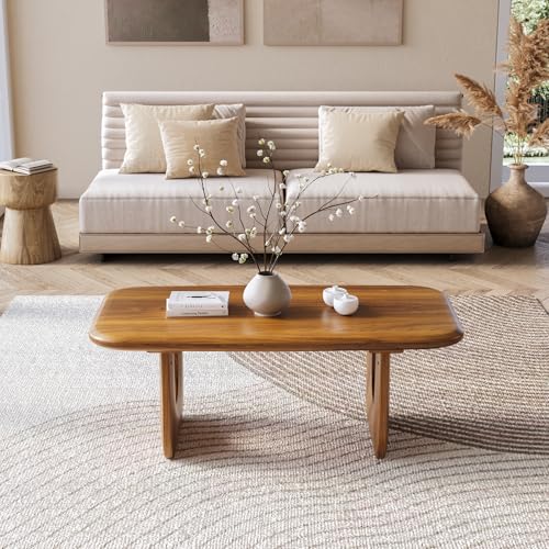 LITTLE TREE Farmhouse Coffee Table, 47 Inches Wooden Rectangular Center Tables with Rounded Corners, Modern Coffee Tables Low Cocktail Tea Furniture for Living Room (Rustic Brown) LITTLE TREE