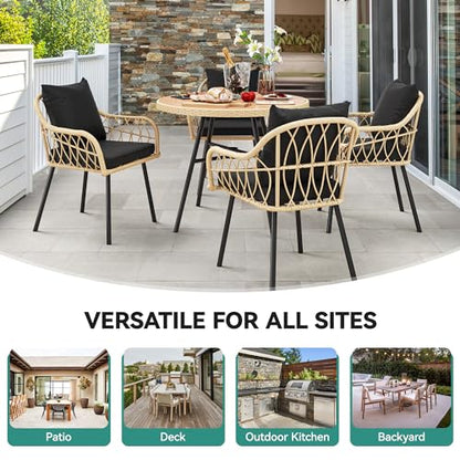 YITAHOME Round Patio 36.6'' Dining Wood Table for 4-Person w/1.96" Umbrella Hole, Rattan Wrapped Tabletop and Sturdy Iron Frame Perfect for Lawn Backyard Garden