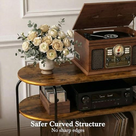 Faesun Large Record Player Stand with Vinyl Record Storage & Power Outlets, Holds 200+ Albums, 3-Tier Turntable Stand for Living Room & Bedroom, Mid Century Round Shelf Design,Vintage Faesun