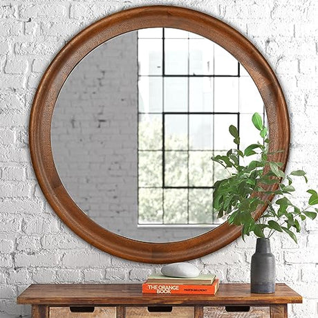 Round Wood Mirror for Wall,36 Inch Circle Decorative Mirror with Walnut Frame,Rustic Bathroom Hanging Vanity Mirror for Entryway,Bedroom or Living Room WIOWUR