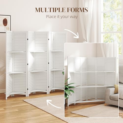 HOMCOM Room Divider, 6 Panel 67" Tall Wood Privacy Screen with 3 Display Shelves, and Folding Storage for Bedroom or Home Office, White HOMCOM