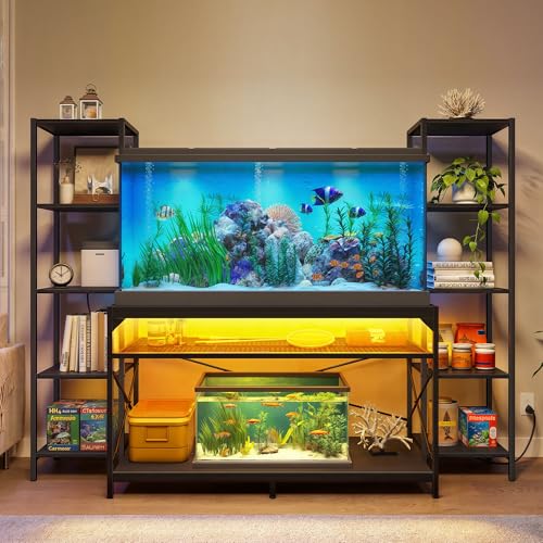 DWVO 55-75 Gallon Aquarium Stand with Power Outlets & LED Light, Display Stand for Turtle Tank, Reptile Terrarium, Heavy Duty Metal Fish Tank Stand Suitable for Living Room, Entryway, 860LBS  - WoodArtSupply