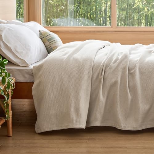 Bedsure GentleSoft 100% Cotton Blanket Queen Size for Bed - Breathable and Lightweight, Soft Cozy Textured Herringbone Woven Blanket for Summer Spring, Linen Beige, 90x90 inches Bedsure
