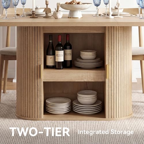 DWVO 70.9" Oval Dining Table for 6-8, Modern T-Shaped Kitchen Table with Storage Shelves & Pedestal Base, Multi-Purpose Dinner & Office Table, Light Oak DWVO