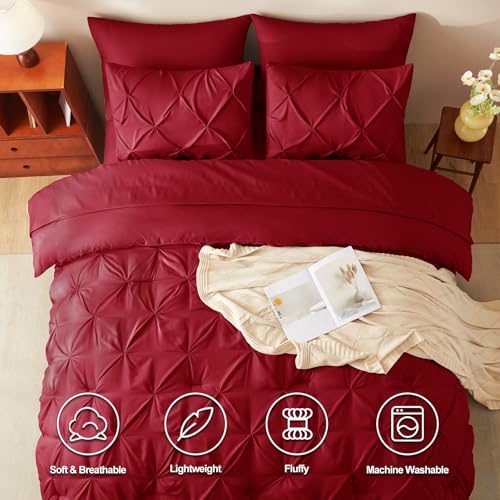 CozyLux King Size Comforter Set Dark Red, 7 Pieces Pintuck Bed in A Bag Red Comforter King Size, Pinch Pleat Bedding Set with All Season Comforter, Sheets, Pillowcases & Shams CozyLux
