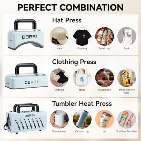 D9A91 3 in 1 Heat Press Machine, Hat Press Machine and Tumbler Heat Press Machine. for Caps, T-Shirt & More, 11-30oz Mug Press, Heat Up Fast and Even,No Crease, LCD Digital Temperature -Light Blue D9A91