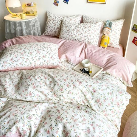 HIGHBUY Soft Cotton White Duvet Cover Queen with Pink Floral Print,Garden Style Botanical Comforter Zipper Closure,Cottagecore Set -1 Cover,2 Pillowcases, Queen(90''x90''), (HB03641Q) HighBuy
