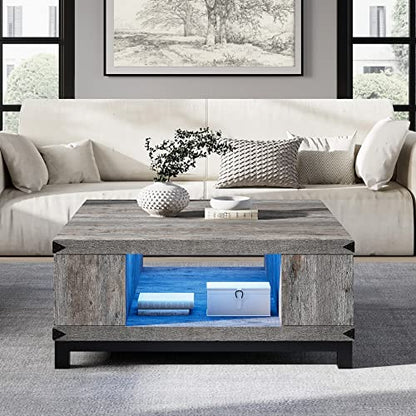 LED Coffee Table with Storage Drawers, Farmhouse Wood Coffee Table for Living Room, Modern Square Tea Table with Double Storage Shelves, Metal Legs, Grey, 44"