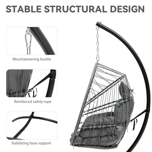YITAHOME Hanging Egg Chair, Outdoor Patio Wicker Hammock Egg Chair Indoor with Cushion, Rattan Swing Chair 300lbs for Balcony, Garden Bedroom, Gray with Stand YITAHOME