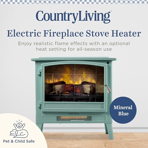Country Living Infrared Freestanding Electric Fireplace Stove Heater in Mineral Blue | Multiple Flame Colors, Metal Design with Faux Wooden Logs | Alexa/WiFi Enabled, Remote Control Country Living