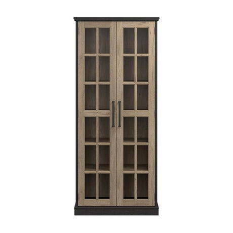 Bush Furniture Westbrook Curio Cabinet with Glass Doors in Vintage Black/Restored Tan Hickory | Tall 5 Shelf Display Case for Living Room or Home Office Bush Business Furniture