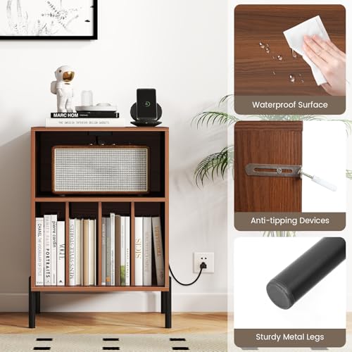 GOFLAME Record Player Stand with Charging Station, Turntable Stand Holds Up to 150 Albums, Vinyl Record Holder with 5 Storage Compartments and Metal Legs for Living Room Bedroom Office, Walnut GOFLAME