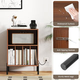 GOFLAME Record Player Stand with Charging Station, Turntable Stand Holds Up to 150 Albums, Vinyl Record Holder with 5 Storage Compartments and Metal Legs for Living Room Bedroom Office, Walnut GOFLAME