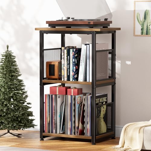 Simple Trending Record Player Stand, 3 Tiers Tall Side Table, Turntable Table with Vinyl Record Storage Up to 200 Albums, Rustic Brown Simple Trending
