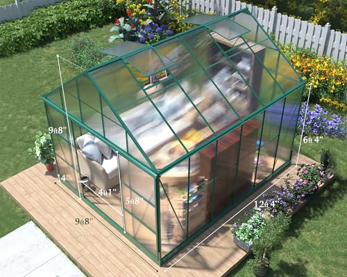 AMERLIFE 12x10x10 FT Polycarbonate Greenhouse with 2 Sliding Doors 4 Vents Window Walk-in Large Aluminum Greenhouse Premium Professional hot House for Outdoors, Green