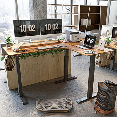 FEZIBO Triple Motor 63" L Shaped Standing Desk, Electric Standing Gaming Desk Adjustable Height, Corner Stand up Desk with Splice Board, Black Frame/Rustic Brown Top FEZIBO