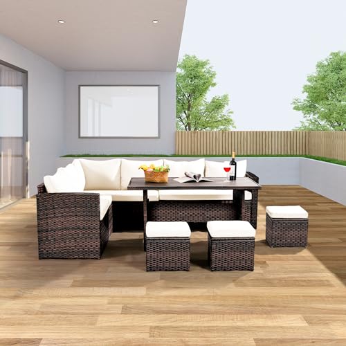 Wumiokio Patio Furniture Set, 7 Pieces Outdoor Patio Furniture with Dining Table&Chair, All Weather Wicker Conversation Set with Ottoman,Brown Rattan & Ivory Cushions (Include Sofa Dust Cover) Wumiokio
