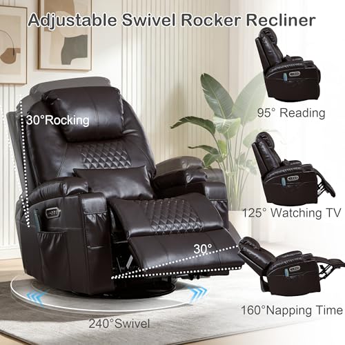 IBTKIG Power Swivel Rocker Recliner with Dual Motor, 240° Electric Glider Recliner with Heat & Massage, Rocking Chair Theater Seating with LED/Lumbar Pillow/USB Port/Cup Holders（Faux Leather Brown, 1）