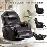 IBTKIG Power Swivel Rocker Recliner with Dual Motor, 240° Electric Glider Recliner with Heat & Massage, Rocking Chair Theater Seating with LED/Lumbar Pillow/USB Port/Cup Holders（Faux Leather Brown, 1）