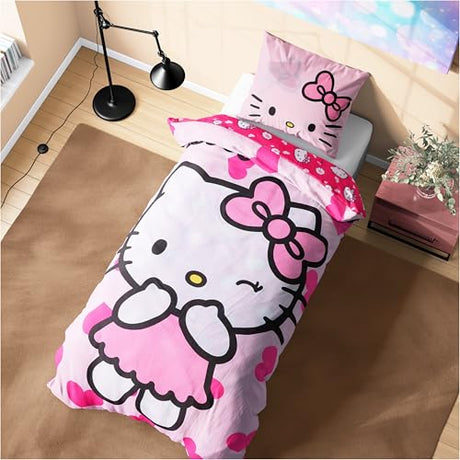 Hello Kitty Sanrio Duvet Cover and Pillowcase Set for Girls, Teens, Reversible Bedding 53 x 79” Bedroom Decor, Kawaii Gifts for Girls (Pink Hello Kitty, Single) Hello Kitty