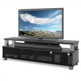 BOWERY HILL 75" W Transitional Wood TV Stand with Glass Doors, Ample Storage, Open Shelf, Cable Management System, Accommodates Most TVs 48"- 95", for Living Room, in Ravenwood Black Finish BOWERY HILL