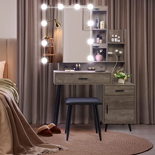 VINGLI Vanity Desk with Sliding Mirror & Lights & Charging Station & Drawers & Shelves & Door, Farmhouse Modern Makeup Vanity Set with Stool (Rustic Gray, 39'' x 16'' x 63'', Bench Included) VINGLI