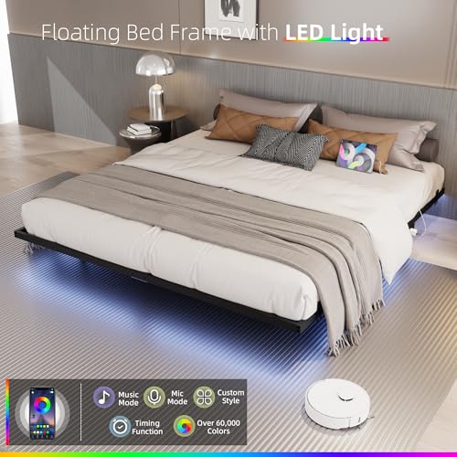 Muluflower Floating Bed Frame Twin Size with Charging Station and LED Lights, Metal Platform Bed Frame, No Box Spring Needed, Easy Assembly, (Twin) Muluflower