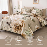 Dintszyayue Khaki Floral Comforter Set King Size 7 Pieces Bed in a Bag Elegant Flower Bedding Set for All Season with Flat Sheet, Fitted Sheet, Pillowcases & Shams Dintszyayue