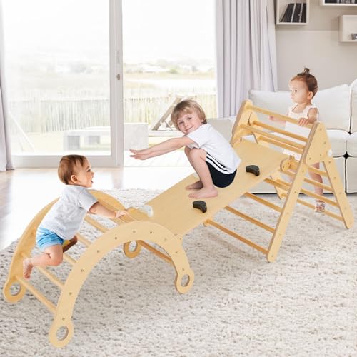 Asweets Pikler Triangle Set, 5 in 1 Foldable Montessori Climbing Set with Ramp, Baby Climbing Toys for Indoor Playground, Jungle Gym for Kids with Arch Climber, Rocker, Suitable for Toddlers Asweets