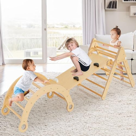 Asweets Pikler Triangle Set, 5 in 1 Foldable Montessori Climbing Set with Ramp, Baby Climbing Toys for Indoor Playground, Jungle Gym for Kids with Arch Climber, Rocker, Suitable for Toddlers Asweets