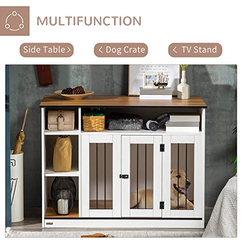 PawHut Dog Crate Furniture with Adjustable Shelf, Dog Crate End Table, Indoor Pet Crate for Medium and Large Dogs, with Large Flat Surface, 47" x 23.5" x 35", White