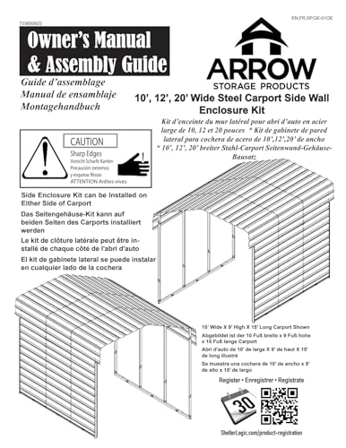 Arrow Carports Galvanized Steel Carport, with 2-Sided Enclosure, Compact Car Metal Carport Kit, 12' x 20' x 7', Eggshell Arrow Shed
