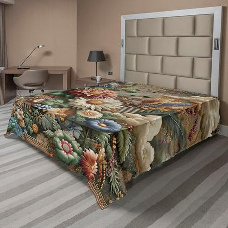Ambesonne Floral Eucalyptus Flat Sheet, Rococo Medieval Style Colorful Flowers Clouds Art Nouveau Garden, Soft Comfortable Top Sheet Decorative Bedding 1 Piece, Queen Size, Sepia Multicolor Ambesonne