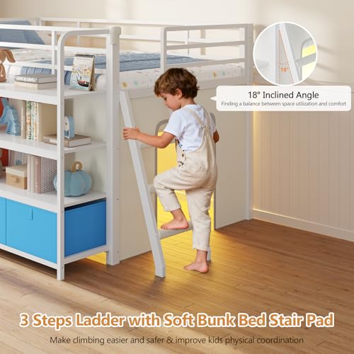 DICTAC Low Loft Bed with Desk and 6 Storage Drawers Twin Loft Bed with Bookshelf,LED Lights & Under-Bed Play Space,Kids Twin Beds with 13.8''H Safety Guardrail,Inclined Ladder & Play Curtain,Colorful DICTAC