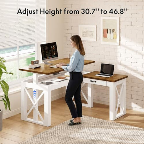 FLEXISPOT L-Shaped Standing Desk with Drawer, 55"x48" Sit Stand Executive Table, Height Adjustable Corner Desk for Home Office, Large Workspace, Cherry Top FLEXISPOT