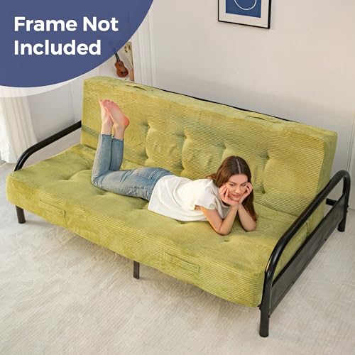 MAXYOYO 8" Full Size Folding Mattress with Handles, Tufted Foldable Couch Bed(Frame Not Included), Versatile Folding Mattress for Floor Sleeping, Living Room & Guest Room, Green MAXYOYO