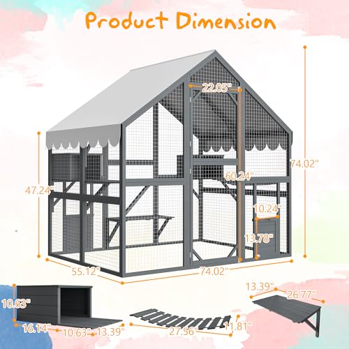 YOPTO 28ft² Large Outdoor Cat House, Luxury Wooden Walk-in Catio Enclosure with 2 Doors & 2 Hiding Houses, Escape-Proof Locks + Waterproof Roof - Customizable Multi-Cat Playpen (Gray) YOPTO