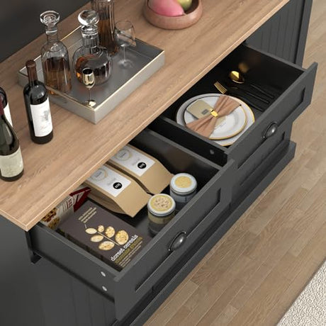 Gyfimoie Sideboard Buffet Cabinet with 2 Drawers, Farmhouse Kitchen Pantry with Adjustable Shelves, Coffee Bar Cupboard Cabinet with 3 Doors for Kitchen, Dining Room (Black) Gyfimoie