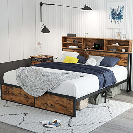 LIKIMIO Vintage Brown Full Size Bed Frame with Tall Bookcase Headboard and Built-in Charging Station LIKIMIO