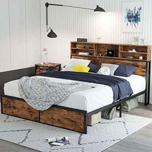 LIKIMIO Vintage Brown Full Size Bed Frame with Tall Bookcase Headboard and Built-in Charging Station - WoodArtSupply