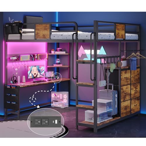 Dnxao Loft Bed with Desk Full Size,Full Size Bed Frame with 6 Storage Drawers, 2 Bedside Organizer,6 Movable Hooks,LED Lights & Charging Station,Safety Guardrail,No Box Spring Needed,Rustic Brown Dnxao