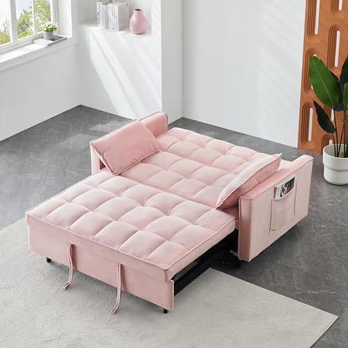 KEIKI Full Size Futon, 3 in 1 Convertible Sleeper with Reclining Backrest, Toss Pillows and Pockets, Small Velvet Loveseat Lounge, Pull-Out for Living Room, Pink KEIKI